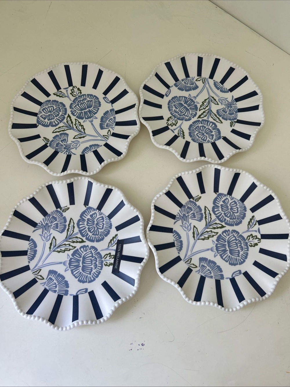 4 NEW Dwell Blue Floral Striped Scalloped Salad Plates Coastal Melamine Matte